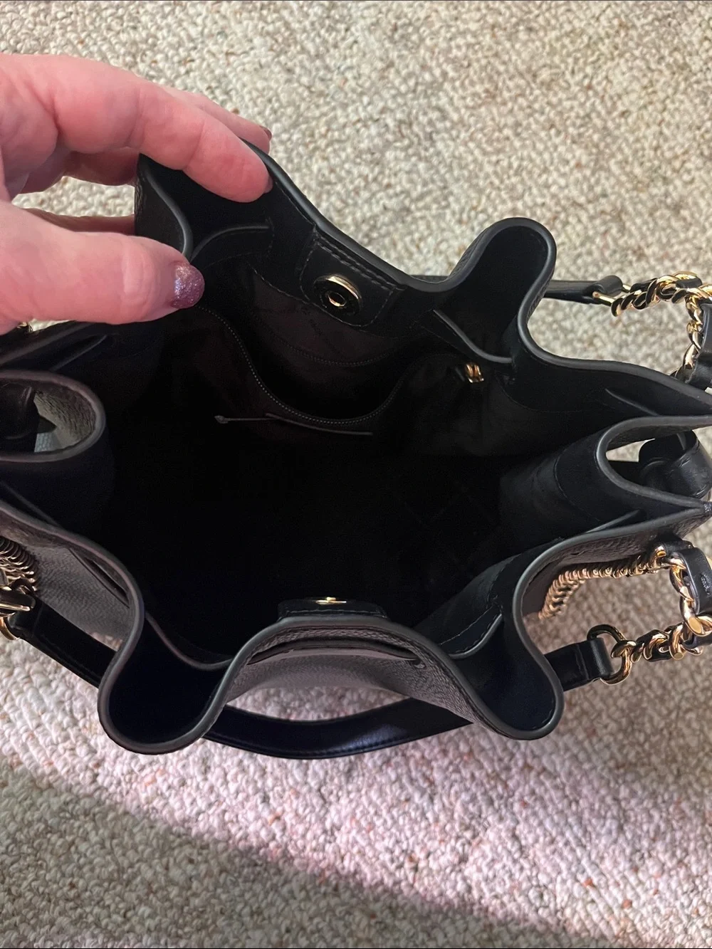 Michael Kors Black Pebbled Leather Bucket Shoulder Bag with Gold Chain Trim